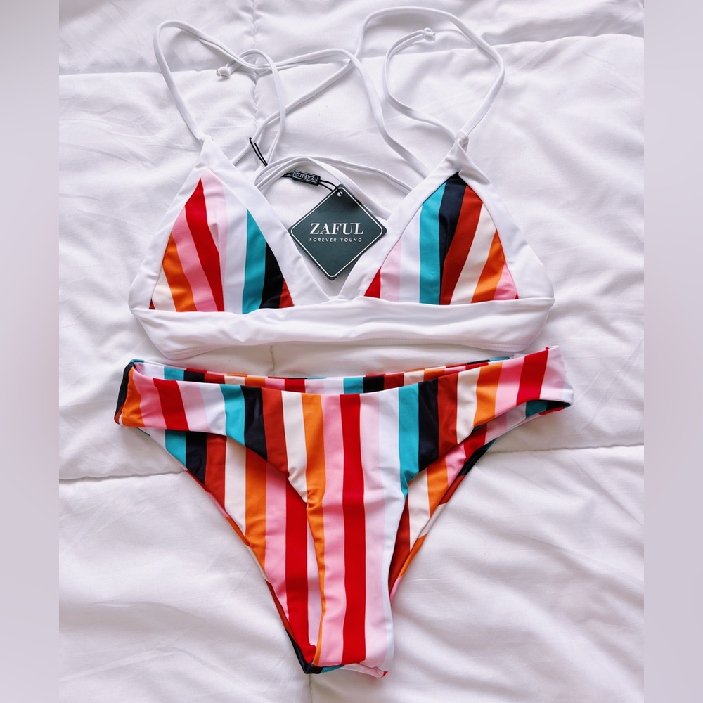 zaful striped triangle bikini set, white, green, red, pink stripes